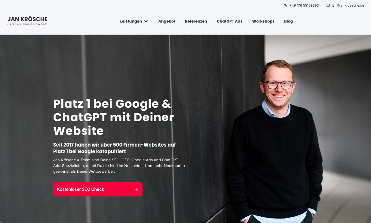 Screenshot der Webseite von Jan Kroesche - SEO, GEO und Google Ads